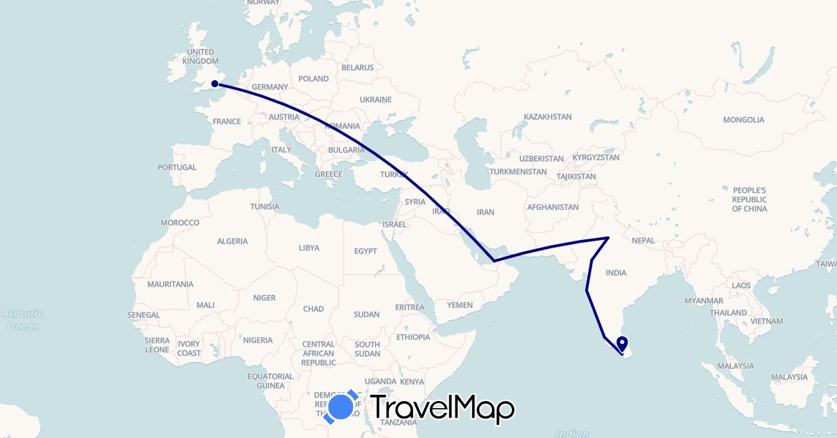 TravelMap itinerary: driving in United Arab Emirates, United Kingdom, India, Sri Lanka (Asia, Europe)